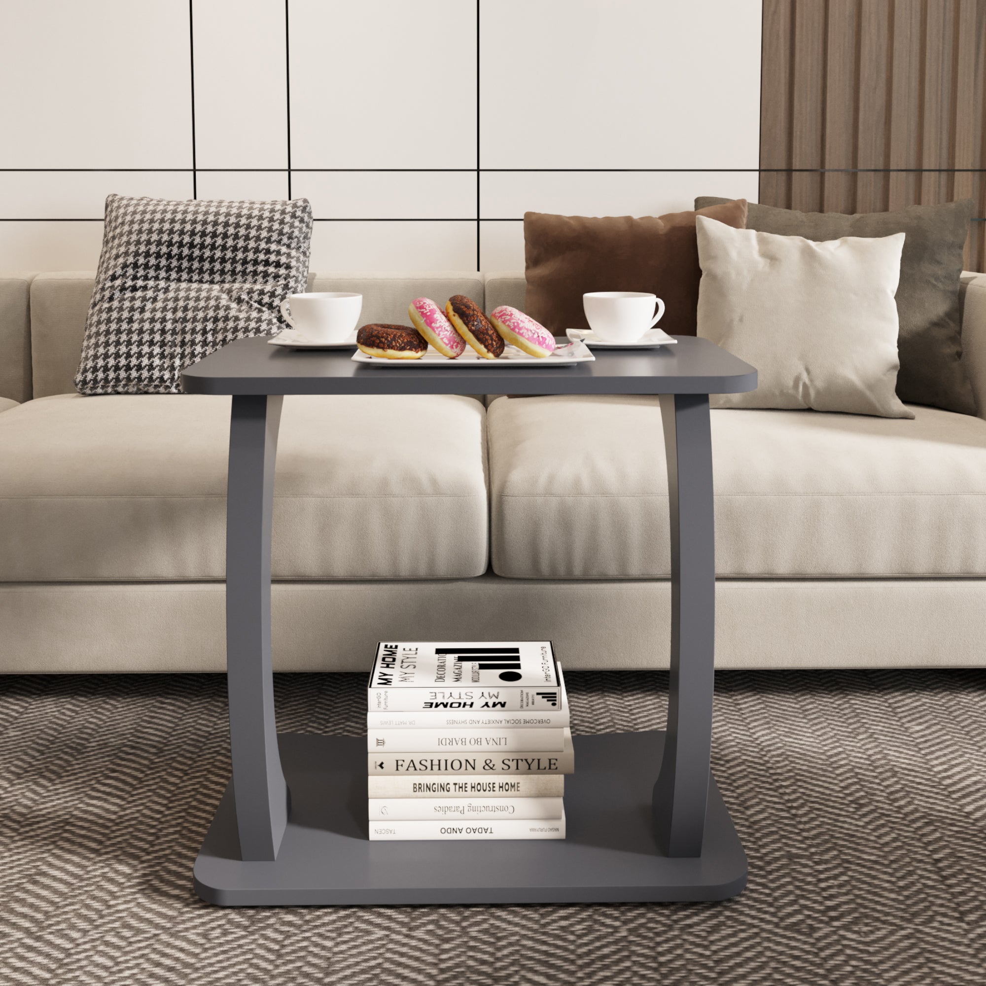 Tavolino Laterale Stattela a Forma di C con Rotelle 59 x 35 x 56 cm - Grigio [en.casa]