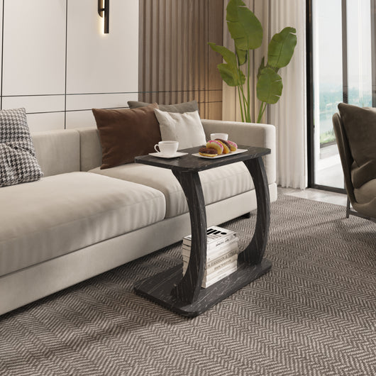 Tavolino Laterale Stattela a Forma di C con Rotelle 59 x 35 x 56 cm - Effetto Marmo Nero [en.casa]