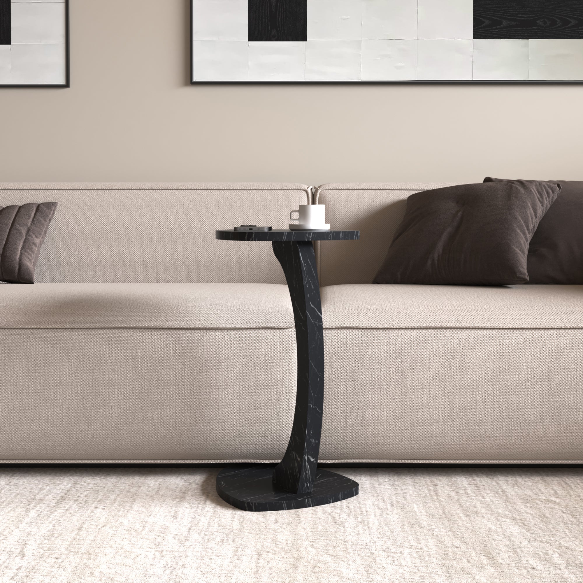 Tavolino per Divano Klinerg a Forma di C con Rotelle - Effetto Marmo Nero [en.casa]