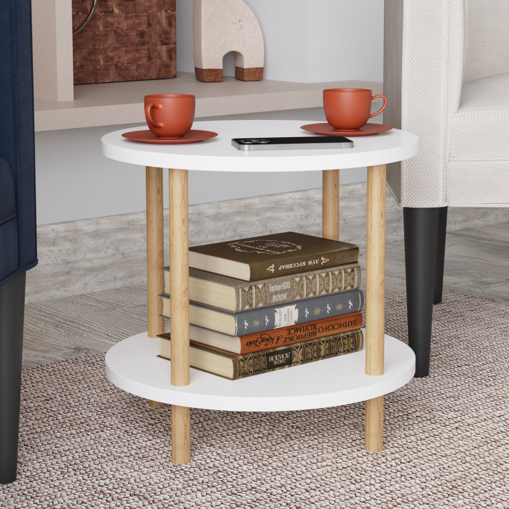 Tavolino Rotondo VES con 2 Piani di Appoggio 49xØ42 cm Bianco [en.casa]