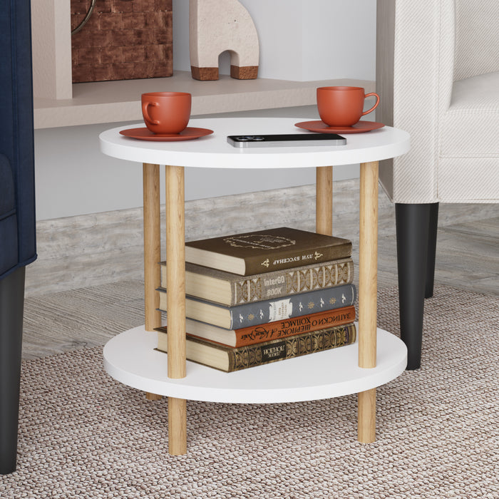 Tavolino Rotondo VES con 2 Piani di Appoggio 49xØ42 cm Bianco [en.casa]