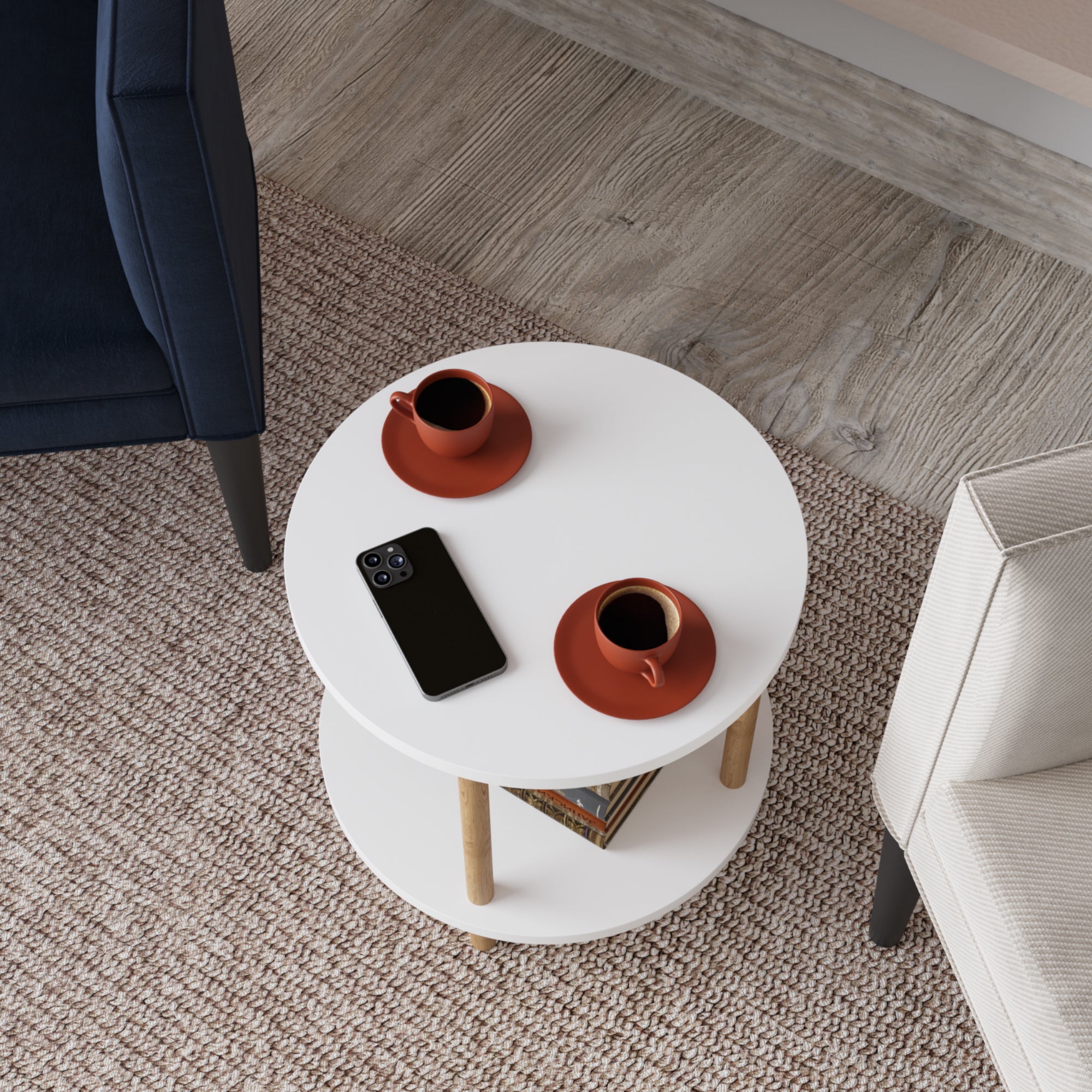 Tavolino Rotondo VES con 2 Piani di Appoggio 49xØ42 cm Bianco [en.casa]