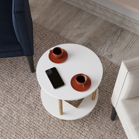 Tavolino Rotondo VES con 2 Piani di Appoggio 49xØ42 cm Bianco [en.casa]