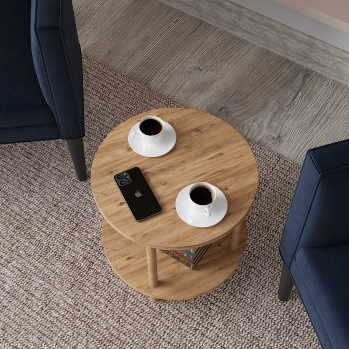 Tavolino Rotondo VES con 2 Piani di Appoggio 49xØ42 cm Effetto Legno [en.casa]