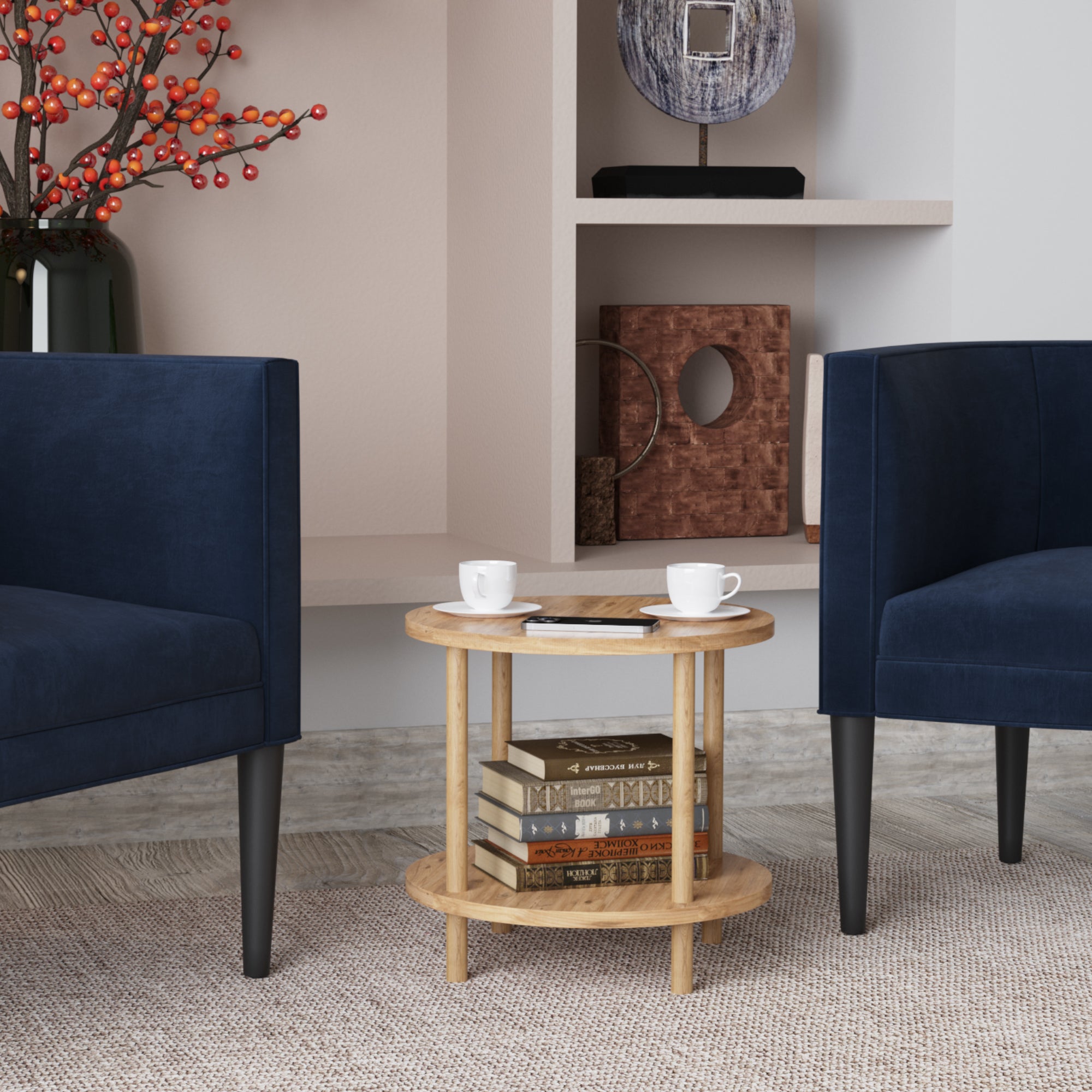 Tavolino Rotondo VES con 2 Piani di Appoggio 49xØ42 cm Effetto Legno [en.casa]