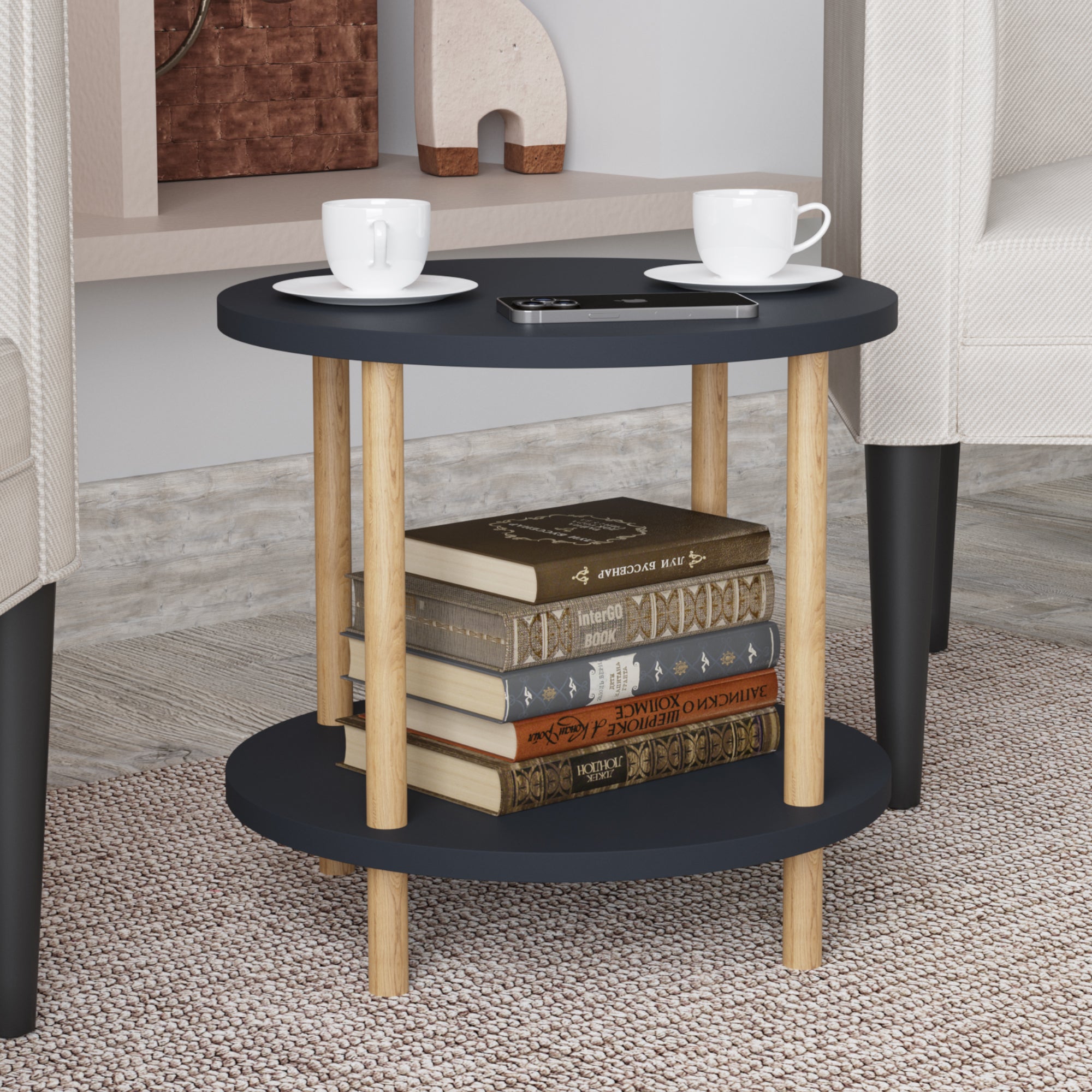 Tavolino Rotondo VES con 2 Piani di Appoggio 49xØ42 cm Grigio [en.casa]