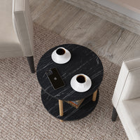 Tavolino Rotondo VES con 2 Piani di Appoggio 49xØ42 cm Effetto Marmo Nero [en.casa]