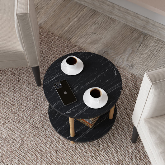 Tavolino Rotondo VES con 2 Piani di Appoggio 49xØ42 cm Effetto Marmo Nero [en.casa]