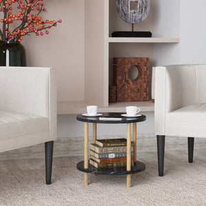Tavolino Rotondo VES con 2 Piani di Appoggio 49xØ42 cm Effetto Marmo Nero [en.casa]