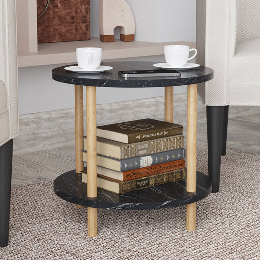 Tavolino Rotondo VES con 2 Piani di Appoggio 49xØ42 cm Effetto Marmo Nero [en.casa]