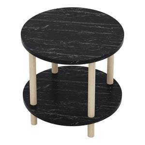 Tavolino Rotondo VES con 2 Piani di Appoggio 49xØ42 cm Effetto Marmo Nero [en.casa]