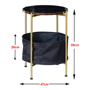 Tavolino Basso da Divano 'Suonenjoki' con Cesto Contenitore in Tessuto e Piano Rotondo - Color Oro/Effetto Marmo Nero