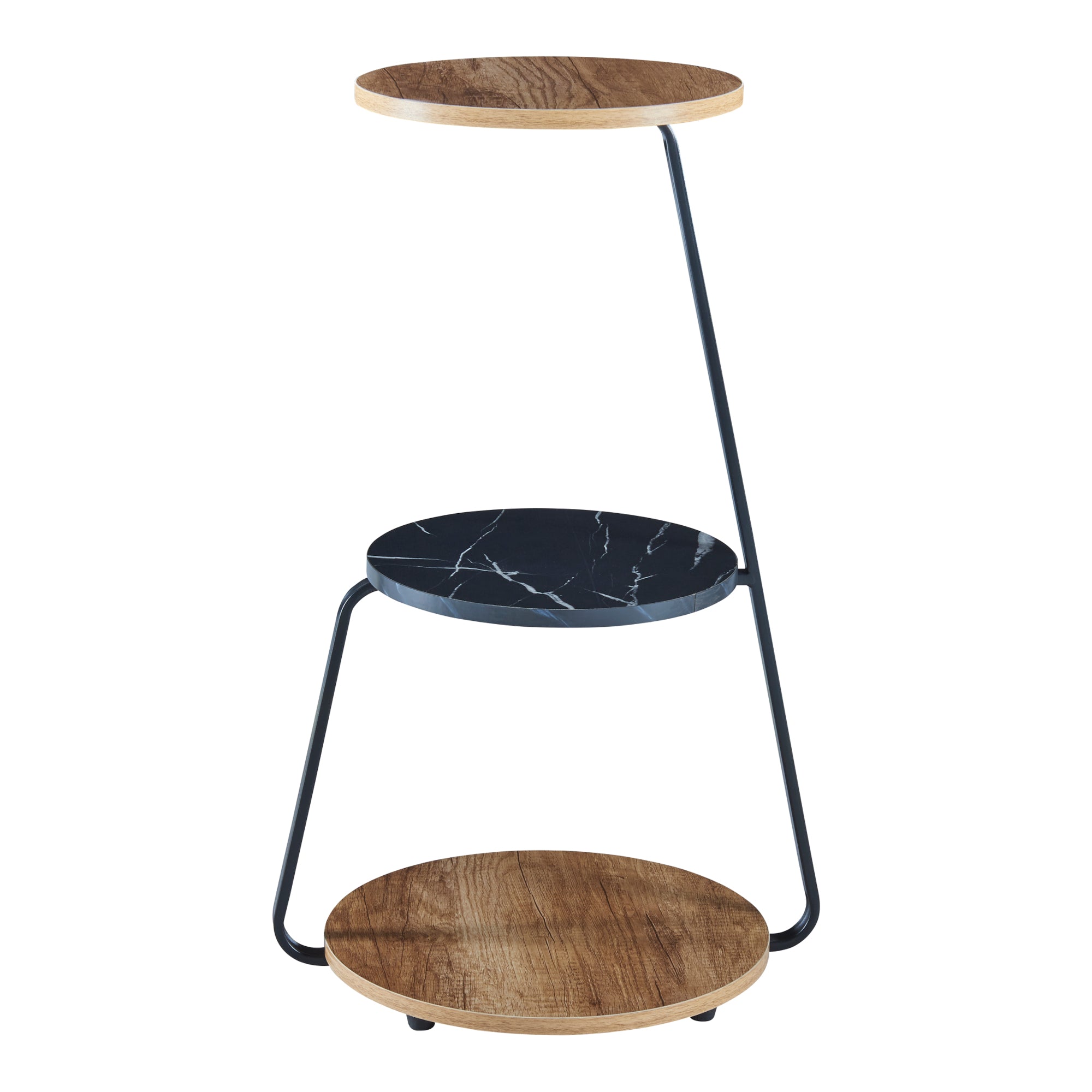 Tavolino Basso da Divano 'Sipoo' con Telaio in Metallo e 3 Piani d'Appoggio - Effetto Noce/Marmo Nero [en.casa]