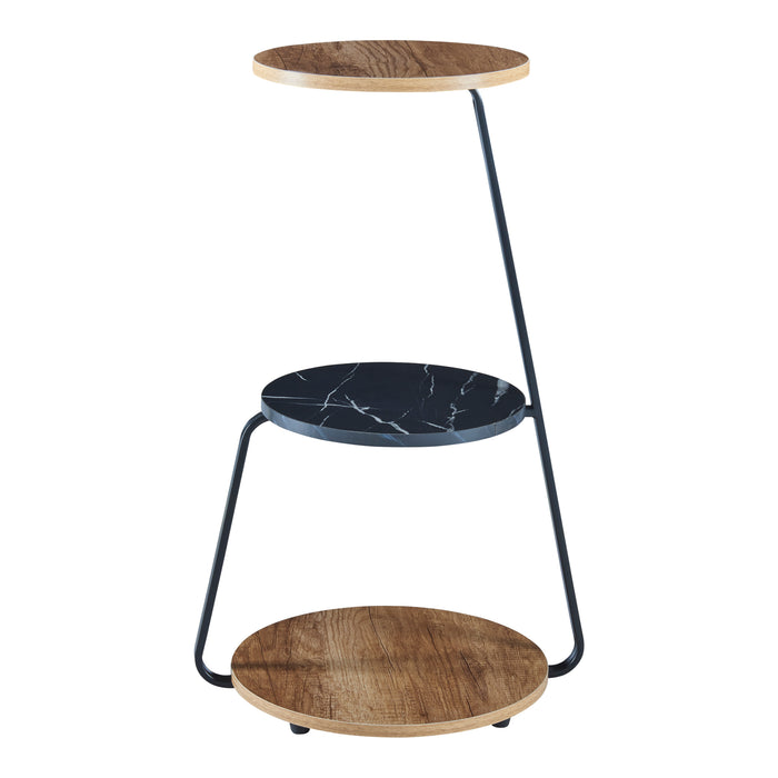 Tavolino Basso da Divano 'Sipoo' con Telaio in Metallo e 3 Piani d'Appoggio - Effetto Noce/Marmo Nero [en.casa]