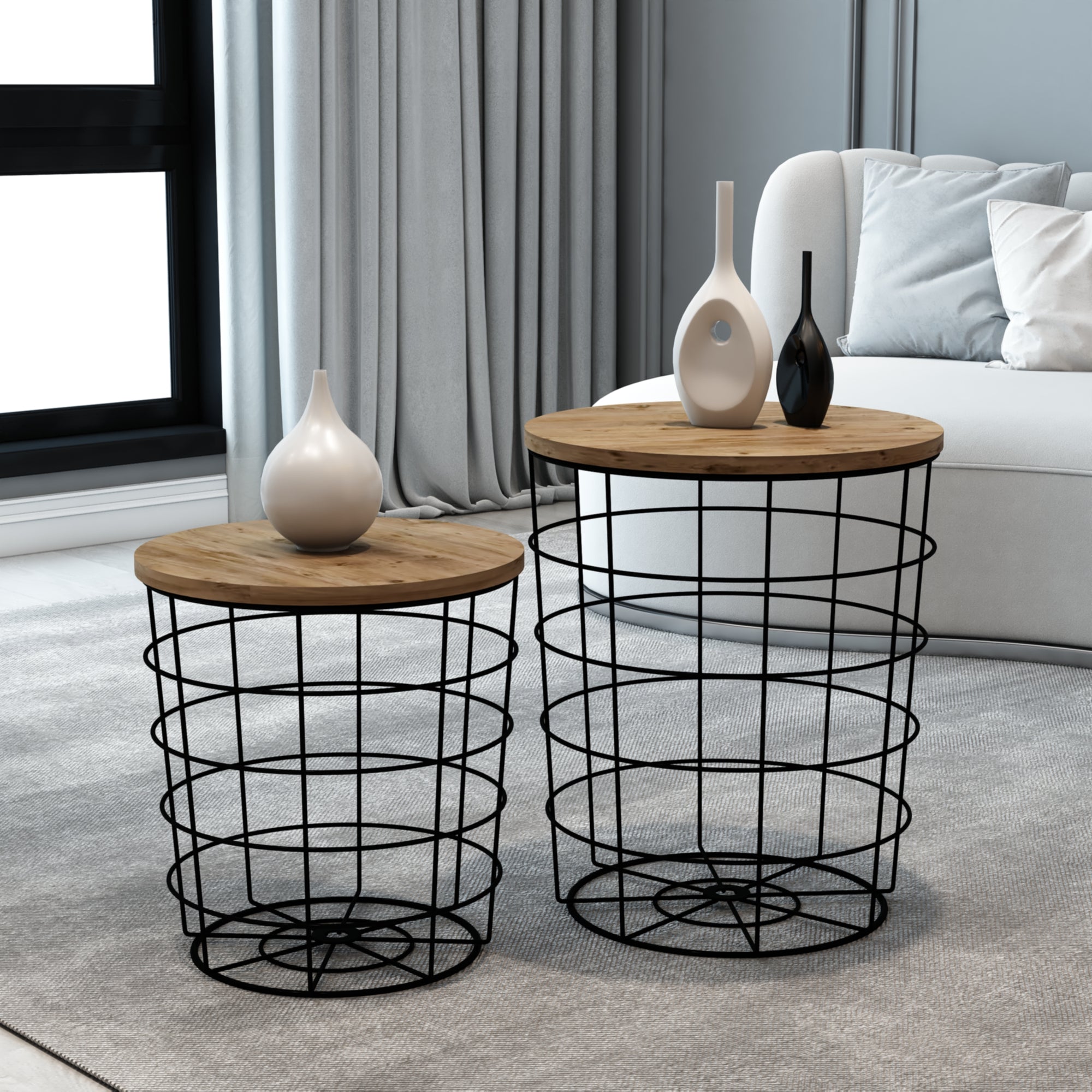 Set 'Hundested' da 2 Tavolini a Forma di Cestino in Misure Diverse 2 Tavolini Contenitori con Piano Tondo Rimovibile