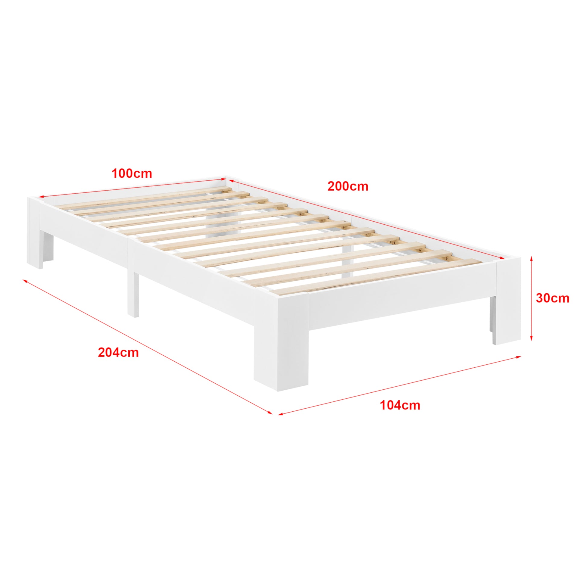 Struttura Letto in Legno di Pino 100 x 200 cm con Rete a Doghe Letto Singolo in Design Minimal - Bianco