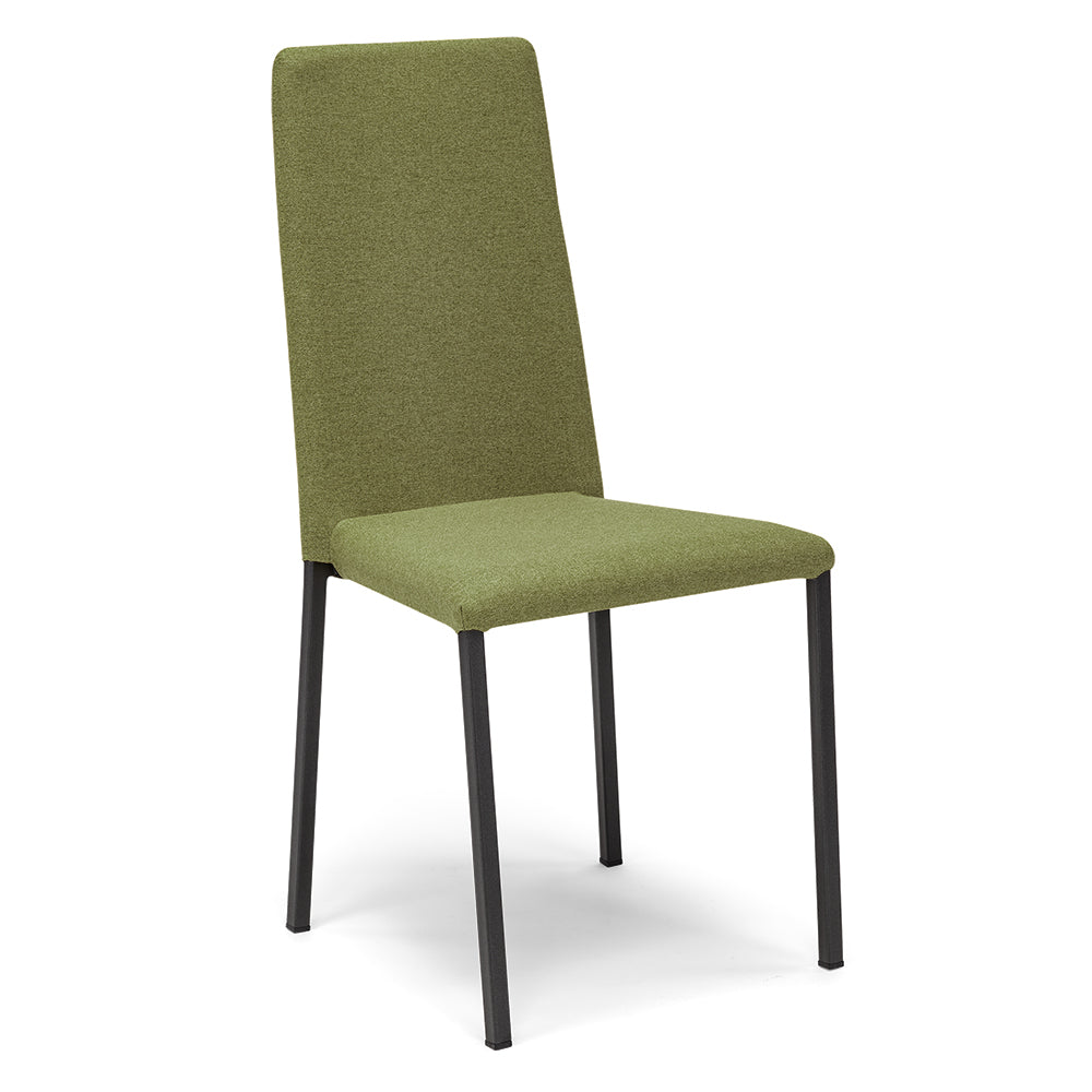 Set 4 sedie imbottita modello BETTY STYLE per interni, design moderno, gambe quadre in metallo, schienale e seduta rivestiti con tessuto morbido al tatto Verde Oliva