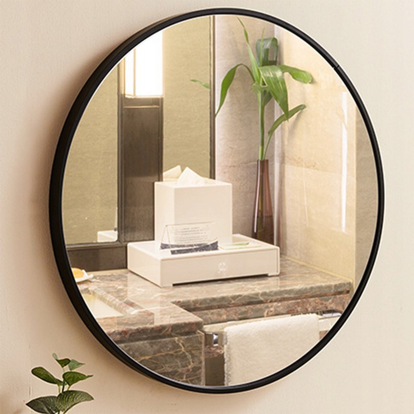 Specchio da bagno 50x50x2 cm, finitura nera, compatto e versatile.