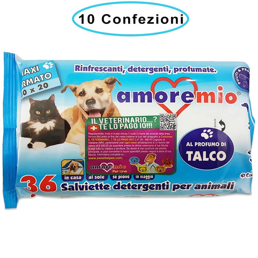 Amore mio salviette detergenti igieniche per cani gatti e cuccioli al talco 10 confezioni da 36 salviette