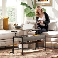 Tavolino con piano sollevabile, tavolino da salotto con vano nascosto e ripiano aperto, 95x40x59cm, grigio