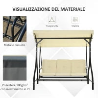 Dondolo da Giardino 3 Posti con Tettuccio Regolabile, in Metallo e tessuto Teslin, Beige e Nero