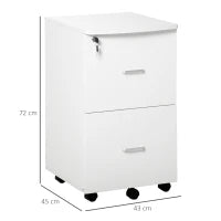 Armadietto da Ufficio con 2 Cassetti e 5 Ruote, Schedario in MDF e Truciolato, 43x45x72 cm, Bianco