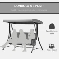 Dondolo 3 Posti da Giardino o Terrazzo con Tettuccio Regolabile e Tasche Portaoggetti Grigio Scuro 196x128x172cm