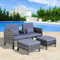 Set da Giardino 3 Pezzi con Divano a 2 Posti e 2 Sgabelli con Cuscini, in Rattan PE e Metallo