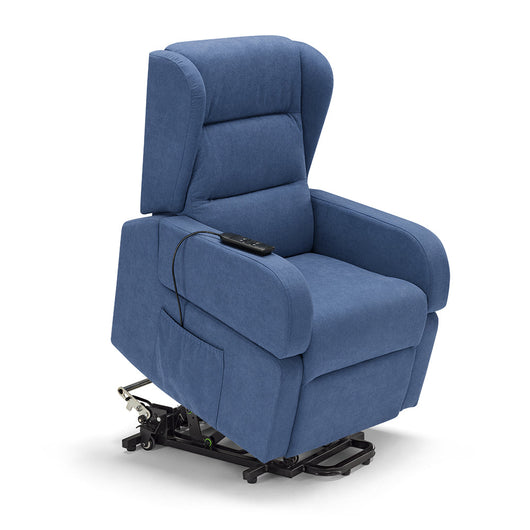 Poltrona relax elettrica Bilbao per anziani, 2 motori, 4 ruote, reclinazione e alzapersona, braccioli estrabili, doppia pediera, colore Blu