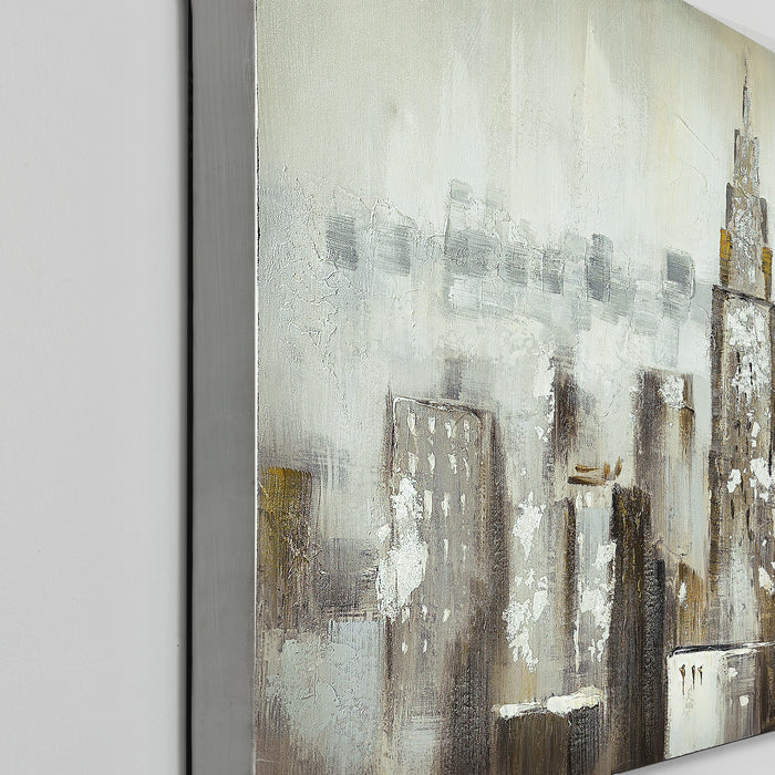 [art.work] Quadro murale originale dipinto a mano con motivo grattacielo su tela incl. cornice barella