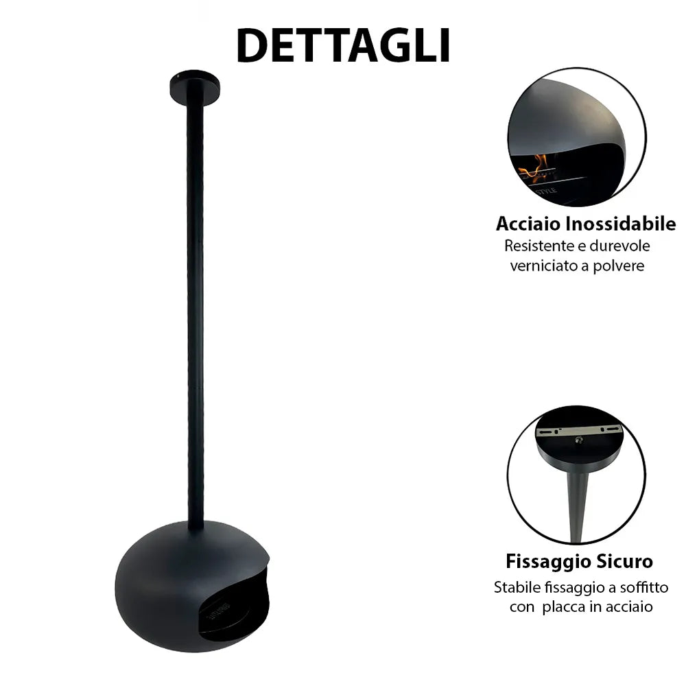 Tempo Style - Camino a Bioetanolo da Soffitto Skyfall – Design Sospeso, Fiamma Reale a 360°, Senza Canna Fumaria