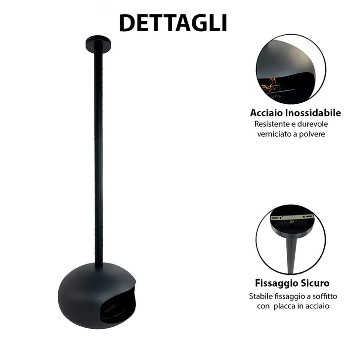 Tempo Style - Camino a Bioetanolo da Soffitto Skyfall – Design Sospeso, Fiamma Reale a 360°, Senza Canna Fumaria