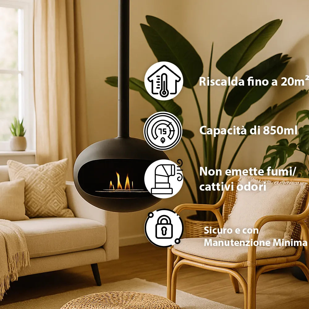 Tempo Style - Camino a Bioetanolo da Soffitto Skyfall – Design Sospeso, Fiamma Reale a 360°, Senza Canna Fumaria