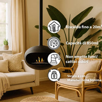 Tempo Style - Camino a Bioetanolo da Soffitto Skyfall – Design Sospeso, Fiamma Reale a 360°, Senza Canna Fumaria