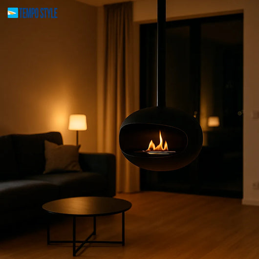 Tempo Style - Camino a Bioetanolo da Soffitto Skyfall – Design Sospeso, Fiamma Reale a 360°, Senza Canna Fumaria