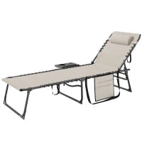 Sdraio Pieghevole e Reclinabile a 5 Livelli con Tavolino Laterale e Tasca, 60x190x31 cm, Crema