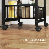 Carrello da Cucina a 3 Cestelli con Maniglia, in Acciaio e Legno, 49.5x31x69 cm, Nero e Grigio Chiaro