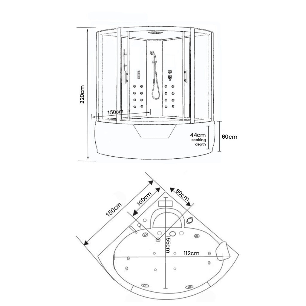 Vasca-doccia idromassaggio nera angolare 150 x 150 cm - Black Montecarlo