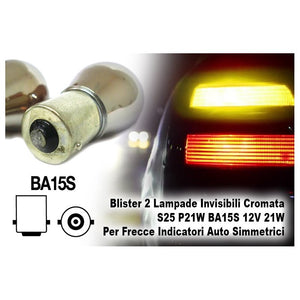 Blister 2 Lampade S25 P21W 12V 21W Cromate Invisibili BA15S Frecce Auto