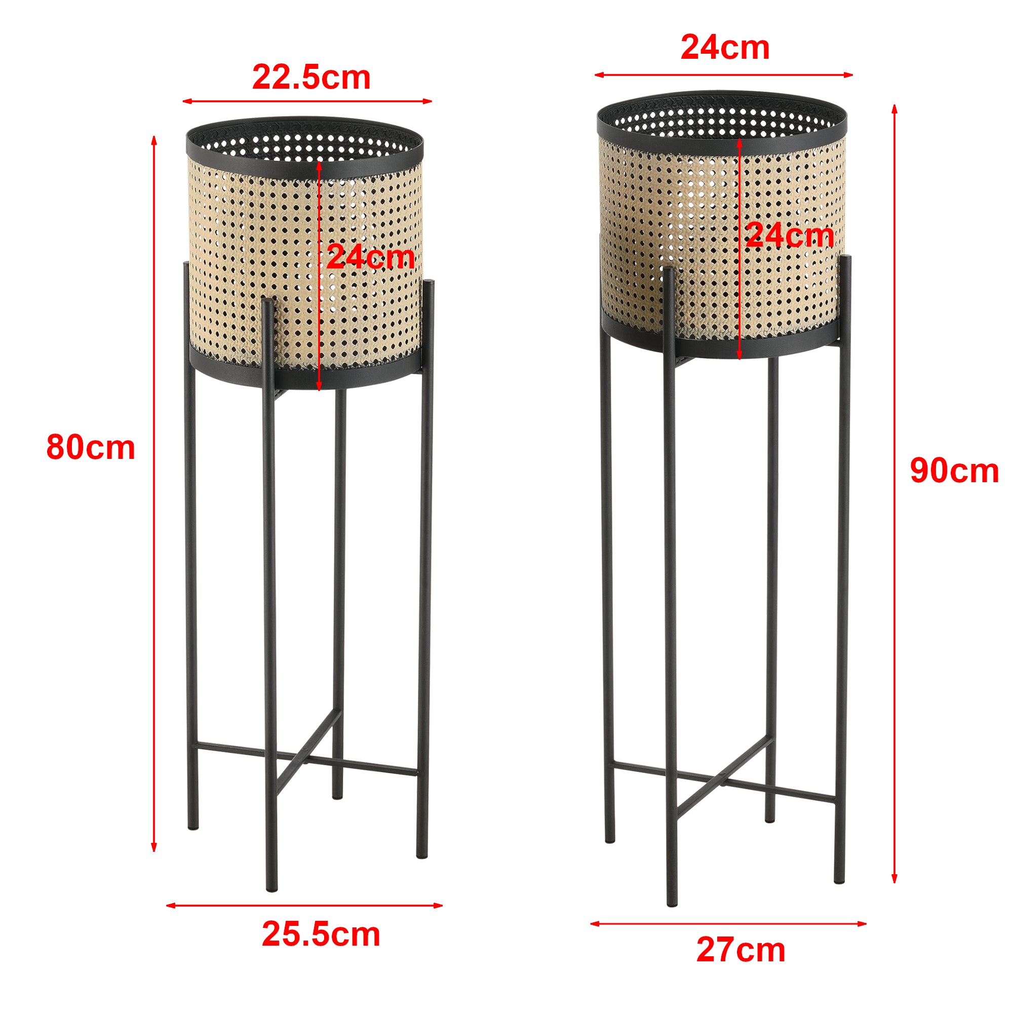 Set di 2 Portavasi in Metallo Supporto Nero con Coprivaso Cilindrico in Color Sabbia - Portapiante in 2 Misure Diverse