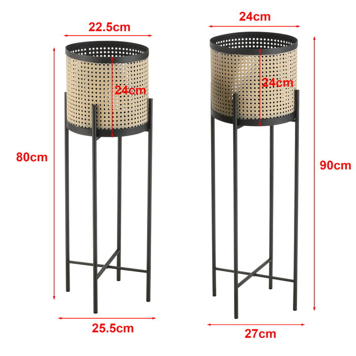 Set di 2 Portavasi in Metallo Supporto Nero con Coprivaso Cilindrico in Color Sabbia - Portapiante in 2 Misure Diverse
