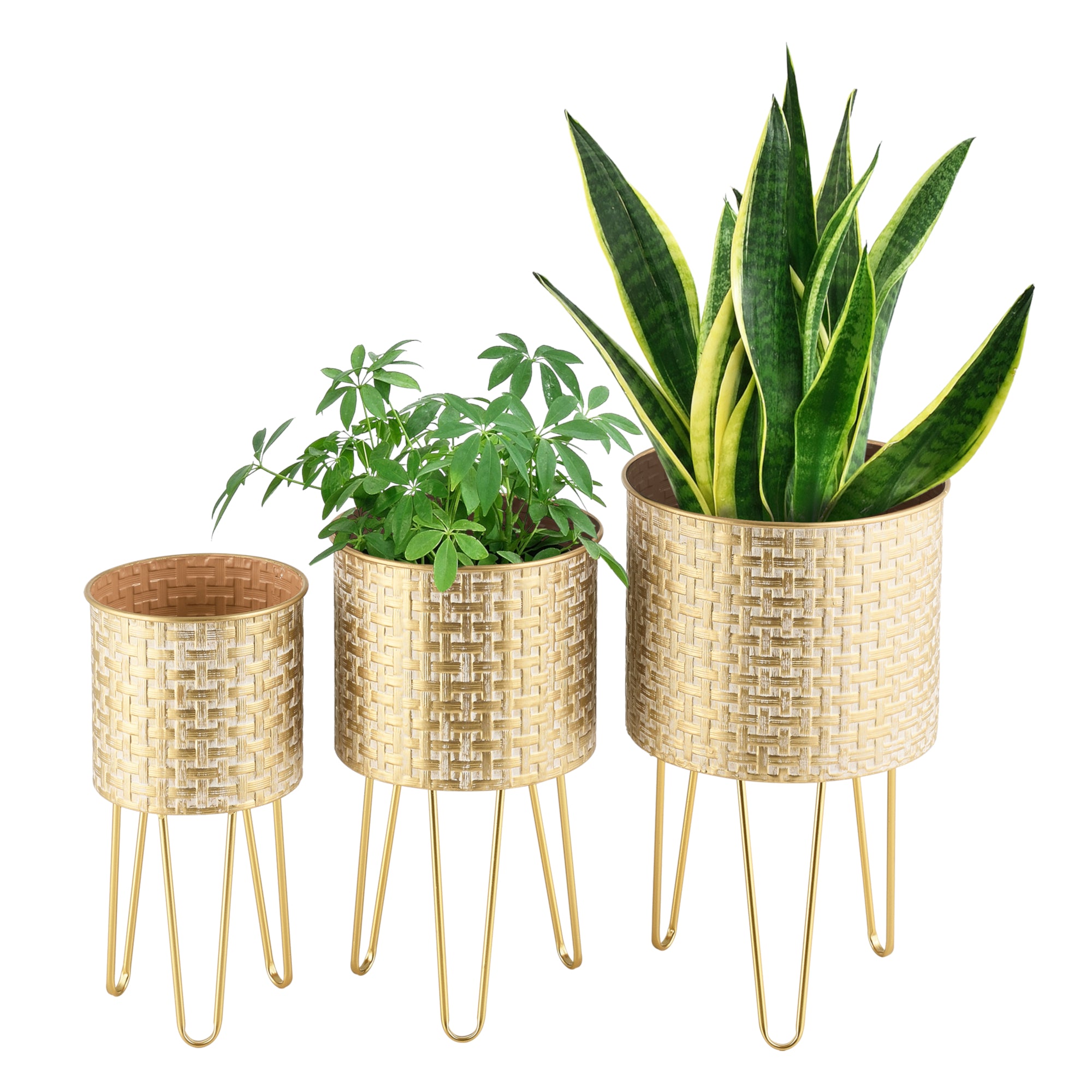 Set di 3 Portavasi in Metallo Supporto per Piante in 3 Altezze Diverse con Coprivaso, Base a Treppiedi - Color Ottone