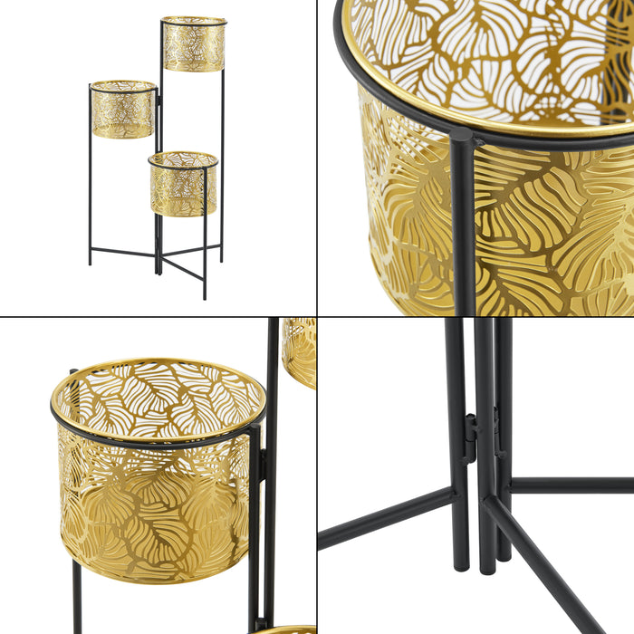 Porta Vasi da Interno Portapiante Stand per Piante con 3 Coprivasi Struttura Pieghevole Nero con 3 Porta Vasi Cilindrici