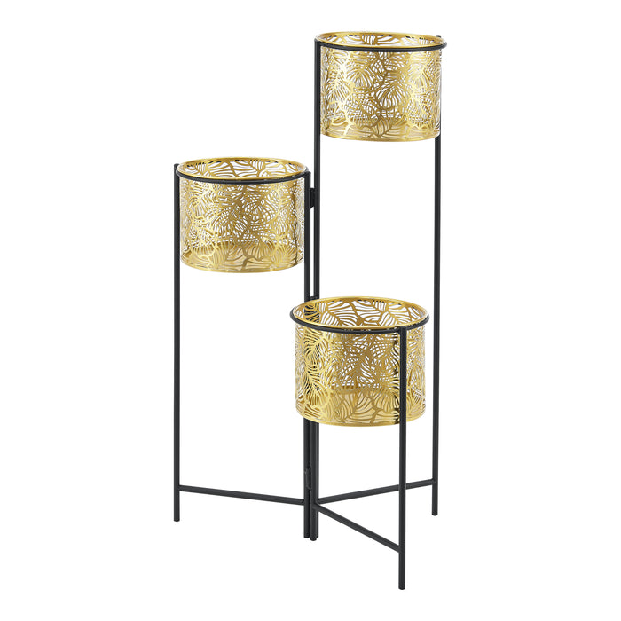 Porta Vasi da Interno Portapiante Stand per Piante con 3 Coprivasi Struttura Pieghevole Nero con 3 Porta Vasi Cilindrici