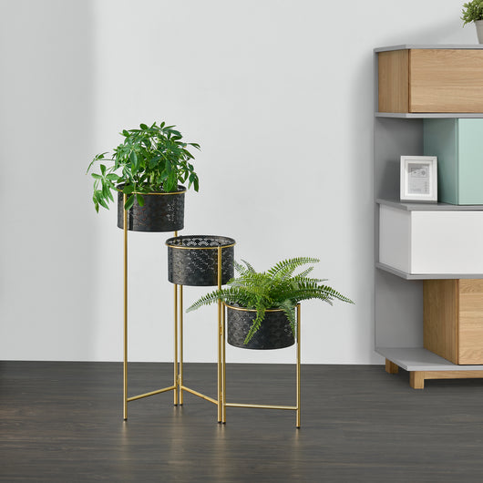 Porta Vasi da Interno Portapiante Supporto per Piante con 3 Coprivasi Struttura a 3 Livelli Pieghevole in Color Ottone