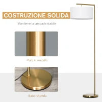 Lampada da Terra Moderna in Metallo e Paralume in Tessuto, Lampada da Lettura E27 47x37x153cm, Oro e Bianco