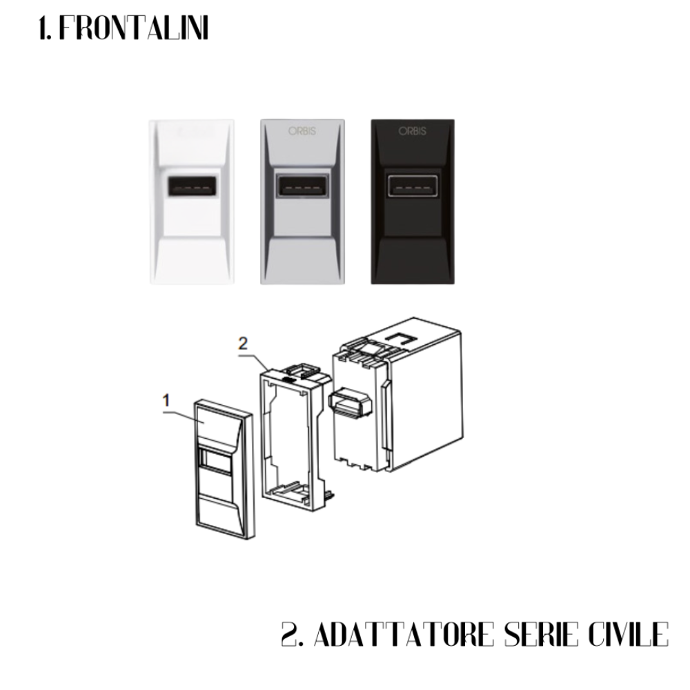 Orbis minicarg alimentatore usb da incasso 5vdc 2.1a max 1 modulo din 230v