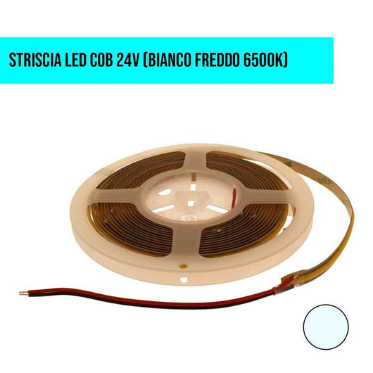 Bobina Striscia LED COB 528 24V, 10W/M, Dimmerabile PWM, Tagliabile Ovunque, IP20, Efficienza 95lm/W, CRI>90, CE, Durata 30000 Ore, 6500K Bianco Freddo MS12636