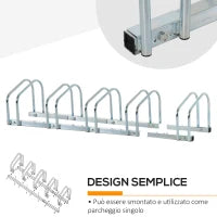 Rastrelliera Portabiciclette Parcheggio per 5 Biciclette in Acciaio, 145×33×27 cm, Argento
