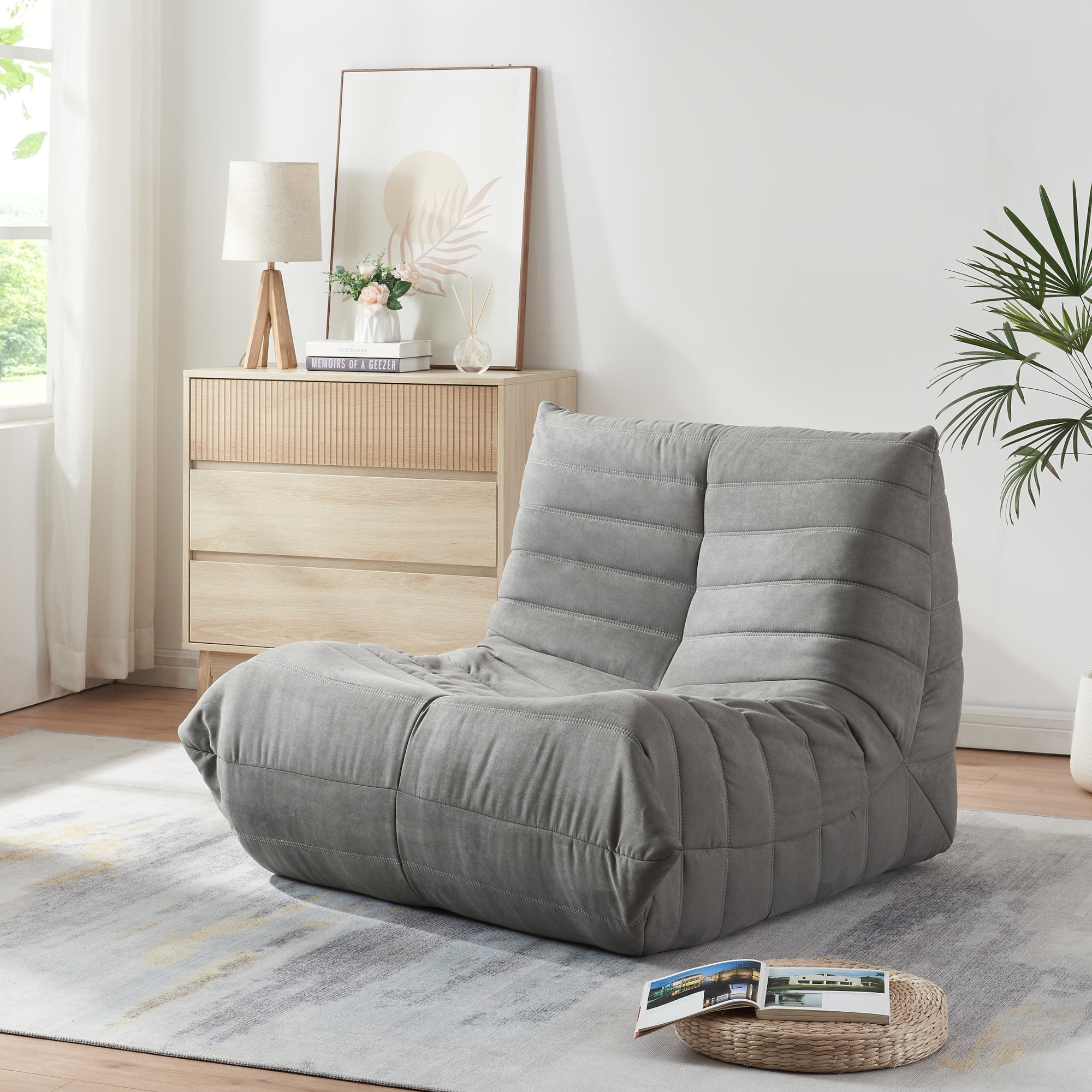 Poltrona Bassa Imbottita Kodsø con Rivestimento in Microfibra 75x90x100 cm - Grigio [en.casa]